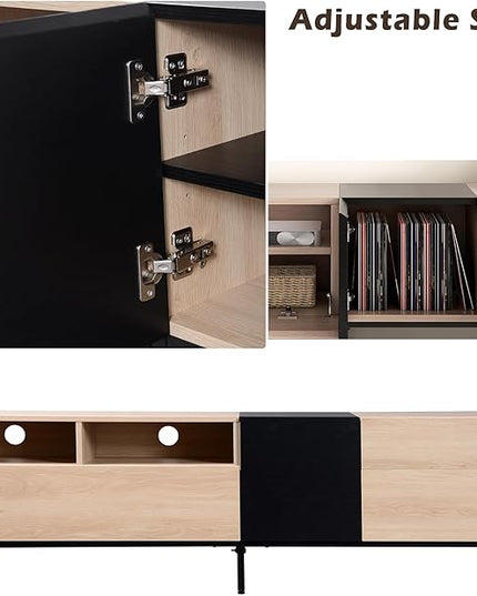 71 Inch TV Stand with Double Storage Space for TVs up to 80'', Modern TV Console with Drop Down Door, Entertainment Center for Living Room, Bedroom and Home Theatre, Natural Wood+Black - LeafyLoom
