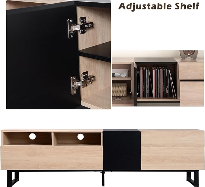 71 Inch TV Stand with Double Storage Space for TVs up to 80'', Modern TV Console with Drop Down Door, Entertainment Center for Living Room, Bedroom and Home Theatre, Natural Wood+Black - LeafyLoom