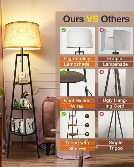 OUTON Tripod Floor Lamp with Shelves, Modern Shelf Floor Lamp with 3 Color Temperature, LED Dimmable Tall Standing Corner Lamp with Beige Linen Texture Shade for Living Room, Bedroom, Office, Vintage - LeafyLoom