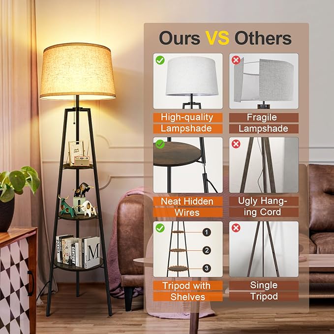 OUTON Tripod Floor Lamp with Shelves, Modern Shelf Floor Lamp with 3 Color Temperature, LED Dimmable Tall Standing Corner Lamp with Beige Linen Texture Shade for Living Room, Bedroom, Office, Vintage - LeafyLoom