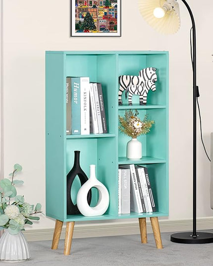 LEYAOYAO 5 Cube Bookshelf 3-Tier Bookcase with Legs,Mint Green Kids Book Shelf Cute Storage Organizer,Free Standing Open Toy Shelves Wood Bookshelves,Display Bookcases for Bedroom,Living Room,Nursery - LeafyLoom