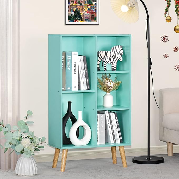 LEYAOYAO 5 Cube Bookshelf 3-Tier Bookcase with Legs,Mint Green Kids Book Shelf Cute Storage Organizer,Free Standing Open Toy Shelves Wood Bookshelves,Display Bookcases for Bedroom,Living Room,Nursery - LeafyLoom