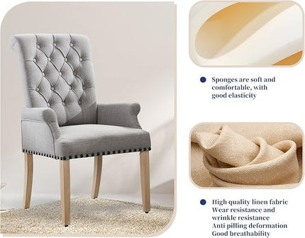 Dining Room Chairs with Arms,Tufted Upholstered High Back Nailed Trim with Untique Oak Wood Legs for Kitchen Restaurant Room Bedroom,Smoke Grey - LeafyLoom