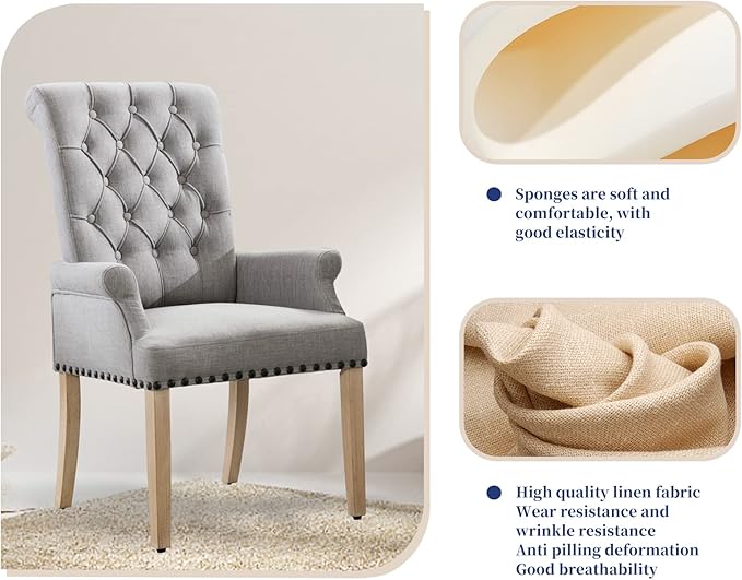 Dining Room Chairs with Arms,Tufted Upholstered High Back Nailed Trim with Untique Oak Wood Legs for Kitchen Restaurant Room Bedroom,Smoke Grey - LeafyLoom