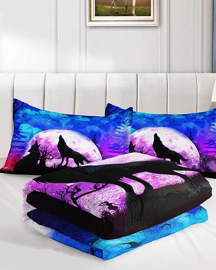 Wolf Comforter Set Galaxy Wolf Night Moon Bedding Set for Kids Teens Room Decor Wild Animals Comforter with 2 Pillowcases - LeafyLoom