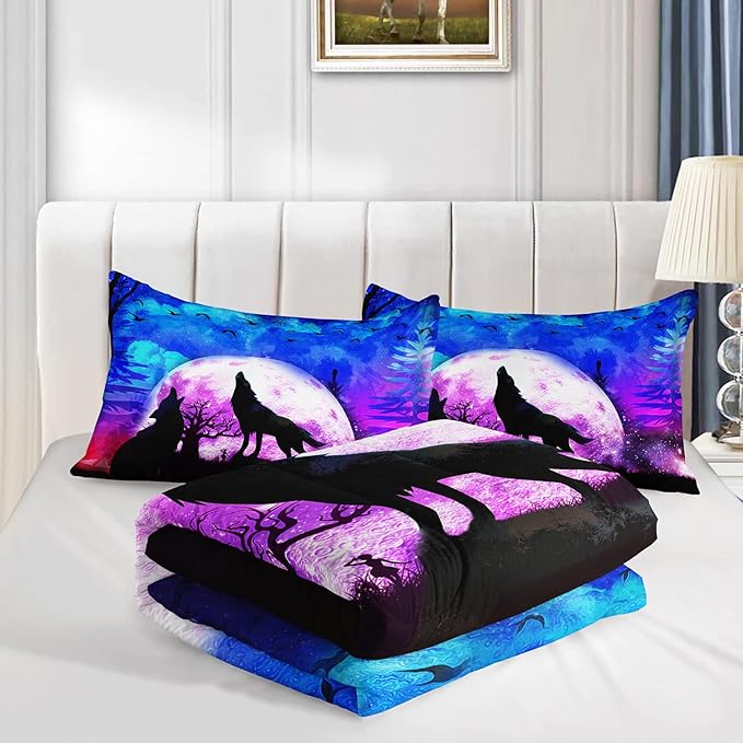 Wolf Comforter Set Galaxy Wolf Night Moon Bedding Set for Kids Teens Room Decor Wild Animals Comforter with 2 Pillowcases - LeafyLoom
