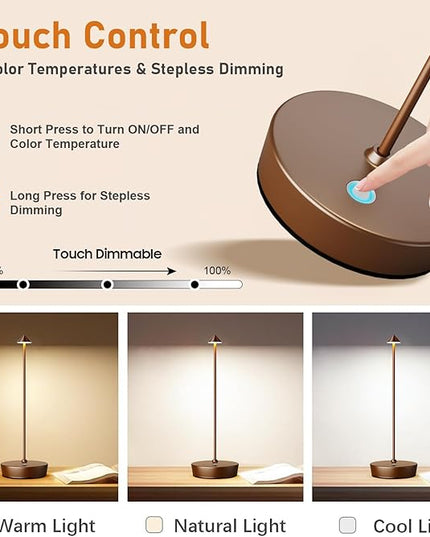 Set of 2 Rechargeable Cordless Table Lamp,6000mAh LED Battery Operated Desk Lamp Touch 3 Color Dimming Portable Outdoor Waterproof Table Light for Patio/Restaurant/Dining/Home (Coffee) - LeafyLoom