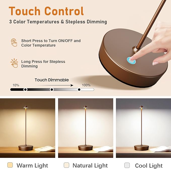 Set of 2 Rechargeable Cordless Table Lamp,6000mAh LED Battery Operated Desk Lamp Touch 3 Color Dimming Portable Outdoor Waterproof Table Light for Patio/Restaurant/Dining/Home (Coffee) - LeafyLoom