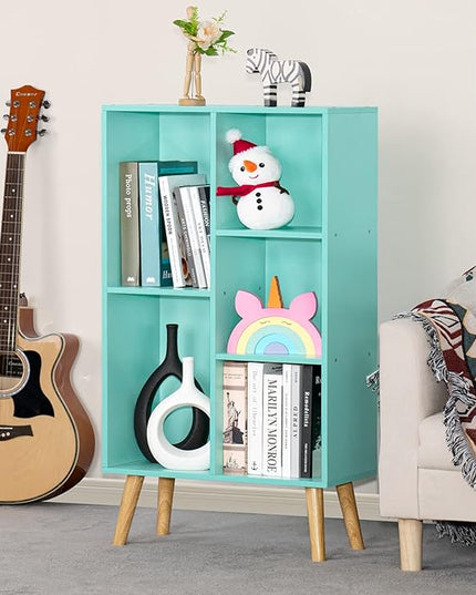 LEYAOYAO 5 Cube Bookshelf 3-Tier Bookcase with Legs,Mint Green Kids Book Shelf Cute Storage Organizer,Free Standing Open Toy Shelves Wood Bookshelves,Display Bookcases for Bedroom,Living Room,Nursery - LeafyLoom