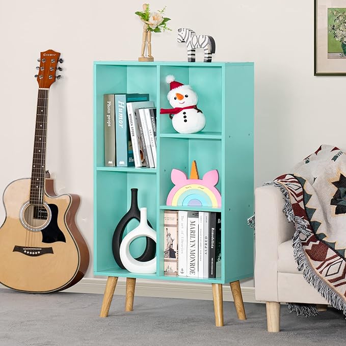 LEYAOYAO 5 Cube Bookshelf 3-Tier Bookcase with Legs,Mint Green Kids Book Shelf Cute Storage Organizer,Free Standing Open Toy Shelves Wood Bookshelves,Display Bookcases for Bedroom,Living Room,Nursery - LeafyLoom