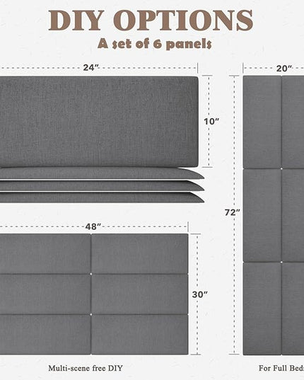 Twin Full Headboard, Wall Mounted Peel and Stick Headboard, Upholstered Tufted Bed Headboard for Twin Size Bed, Floating Dorm Bedroom Tall Headboard Soundproof Wall Panels (6 Panels, 10"x24") - LeafyLoom