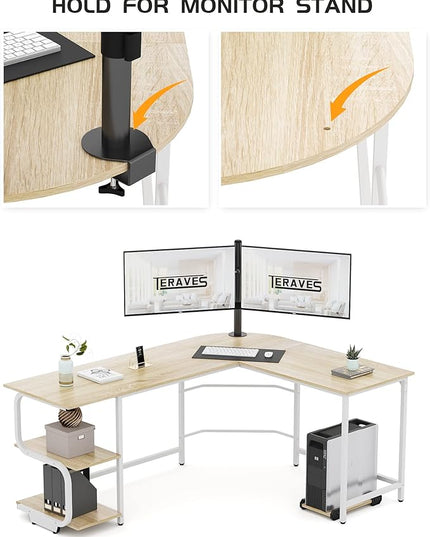 Teraves Reversible L Shaped Desk with Large Surface, 61 Inch Sturdy Corner Desk with Storage Shelves, Premium Office Computer Desk Workstation for Home Office Gaming - LeafyLoom