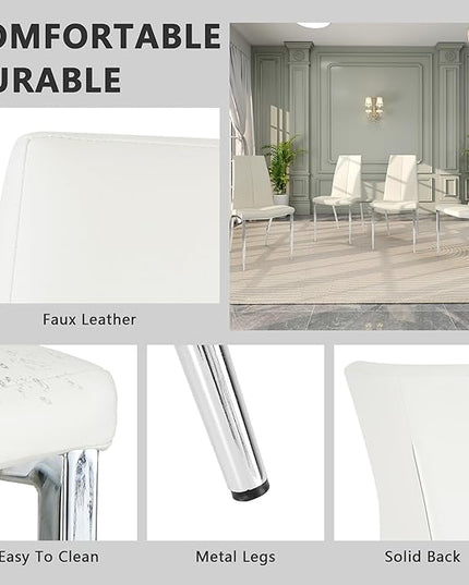Modern Faux Leather Dining Chairs Set of 4, Padded Seat Dining Side Chairs, Upholstered Chair with Metal Legs for Kitchen, Living Room, Dining Room, White Chairs+Silver Legs - LeafyLoom