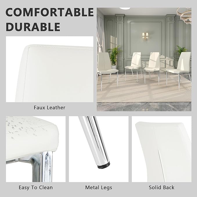 Modern Faux Leather Dining Chairs Set of 4, Padded Seat Dining Side Chairs, Upholstered Chair with Metal Legs for Kitchen, Living Room, Dining Room, White Chairs+Silver Legs - LeafyLoom