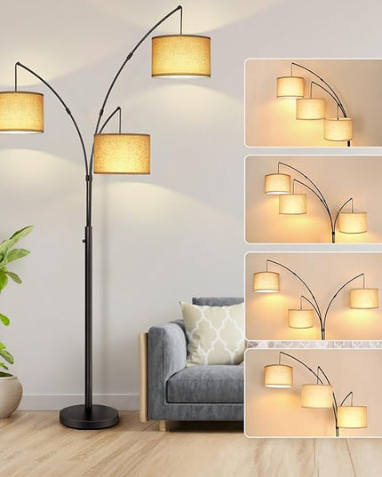 OUTON Arc Led Floor Lamp, Modern Black 3 Light Arched Tall Floor Lamp for Bedroom, 2400lm Mid Century Adjustable Standing Corner Lamps for Living Room Office, 3 LED Bulbs Included, Beige Lampshade - LeafyLoom