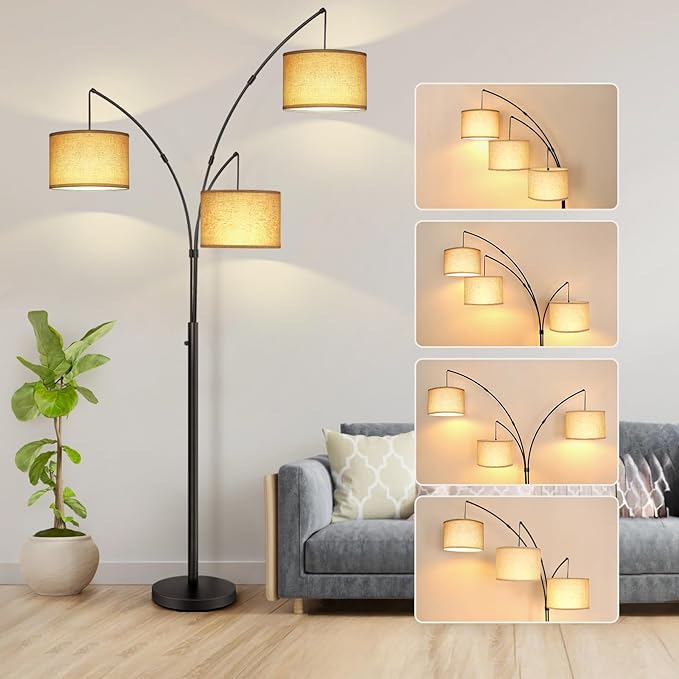 OUTON Arc Led Floor Lamp, Modern Black 3 Light Arched Tall Floor Lamp for Bedroom, 2400lm Mid Century Adjustable Standing Corner Lamps for Living Room Office, 3 LED Bulbs Included, Beige Lampshade - LeafyLoom