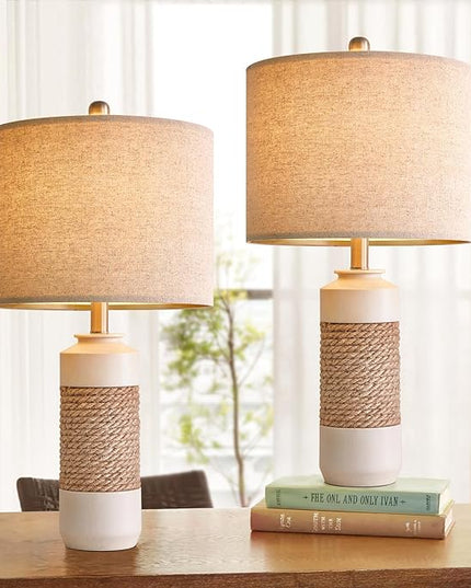 OYEARS 23.75" Bedside Table Lamps Set of 2 for Sleeping and Reading, Vintage Farmhouse Rattan Table Lamp Antique White Resin Lamp for Decoration, Office Living Room Bedside Table - LeafyLoom