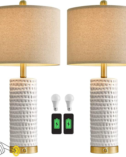PORTRES 24" Farmhouse 3-Way Dimmable Touch Ceramic Table Lamp Set of 2 for Bedroom White Bedside Lamps with USB A+C Charging Ports for Living room Nightstand Lamp End Table lamps - LeafyLoom