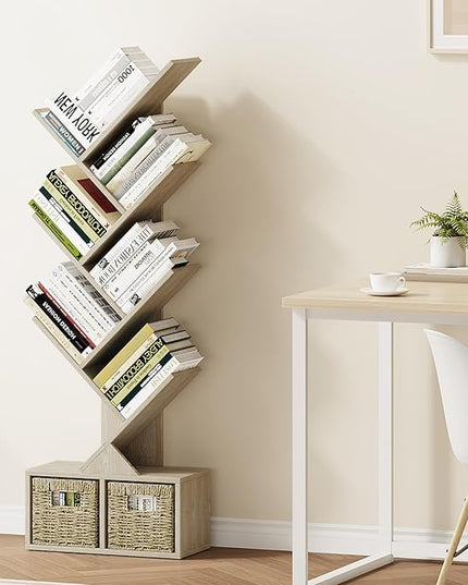 Vagusicc 6 Tier Tree Bookshelf - Retro Shelf Floor Standing Bookcase with Baskets, Tall Wood Book Storage Rack for Books/CDs, Tree Utility Book Organizer Shelves for Living Room, Home Office, Bedroom - LeafyLoom
