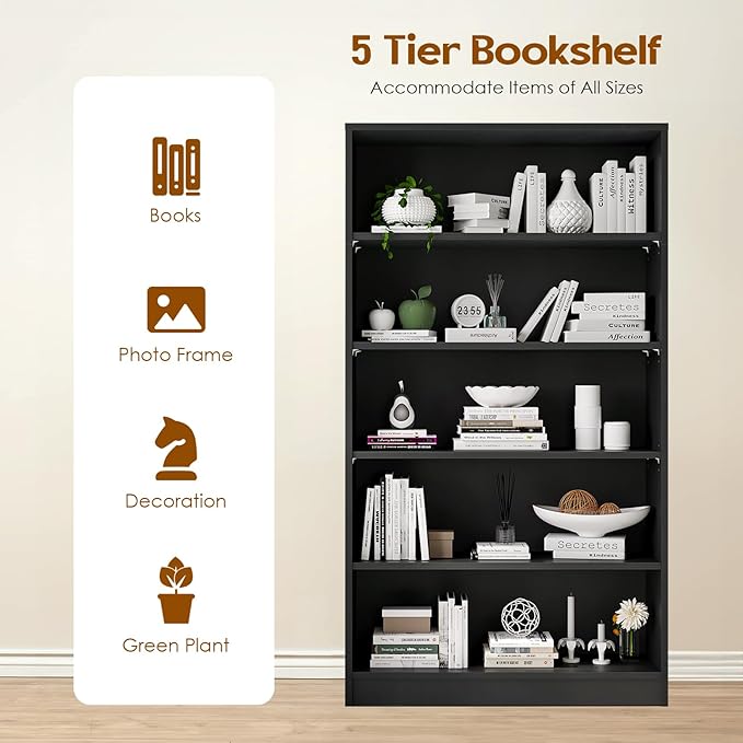 Soohow Black Bookcase,Bookshelf for Bedroom,60 inches Tall Wood Book case Book Shelves,5 Shelf Book Shelves for Living Room Office - LeafyLoom