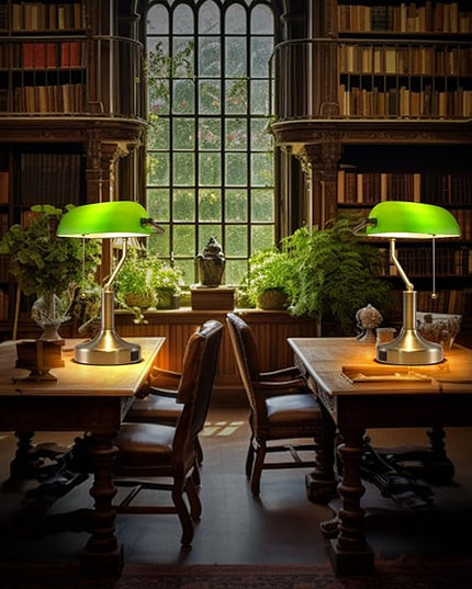 Banker Desk Lamp Green Glass, Antique Desk Lamps with Brass Base, Traditional Library Table Lamp with USB A and Type C Charging Port for Office, Study Room, Pull Chain Switch - LeafyLoom