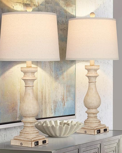 29" Tall Table Lamp for living room set of 2,Vintage Bedside Nightstand Lamps with USB C+A Ports & AC Outlet,3-Way Dimmable Touch Control White Washed Finish Desk Lamp for Bedroom,Color 1 - LeafyLoom