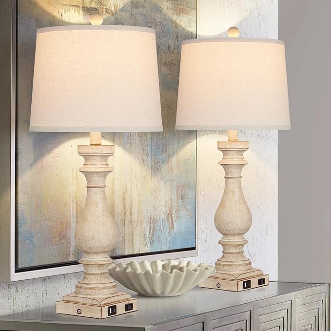 29" Tall Table Lamp for living room set of 2,Vintage Bedside Nightstand Lamps with USB C+A Ports & AC Outlet,3-Way Dimmable Touch Control White Washed Finish Desk Lamp for Bedroom,Color 1 - LeafyLoom