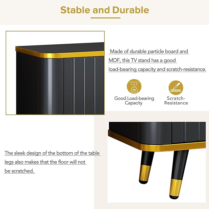 TV Stand with Open Storage Shelf and 2 Cabinets, 79" Luxury Minimalism Television Stands with Drawers and Unique Legs, TV Console Cabinet for for Living Room, Easy Assembly, Gold+Black - LeafyLoom