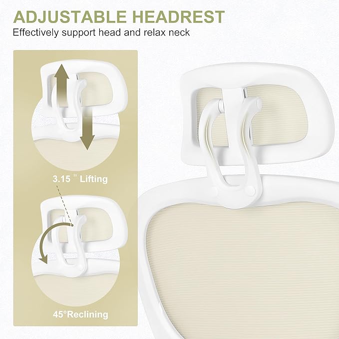 Misolant Ergonomic Office Chair, Desk Chair with Lumbar Support, Mesh Office Chair, Ergonomic Chair with Adjustable Headrest and Armrest, Comfortable Office Chair for Home Beige - LeafyLoom