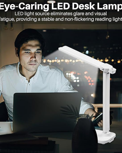 LED Desk Lamp Dimmable Double Head Reading Lamp with USB Charging Port, 3 Lighting Modes, Sensitive Control, Eye-Caring Office Lamp for Study Reading Drafting (White) - LeafyLoom