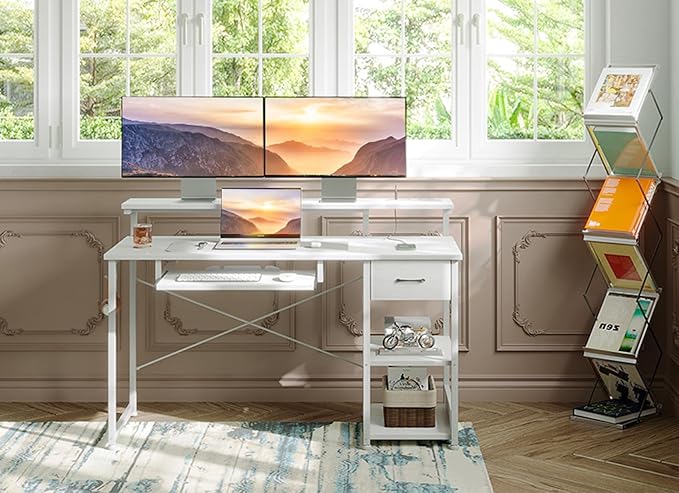 AODK Computer Desk with Keyboard Tray, 48 Inch Office Desk with Power Outlet, Work Desk with Drawer, Reversible Desk with Adjustable Monitor Shelf and Storage Shelf for Home, White - LeafyLoom