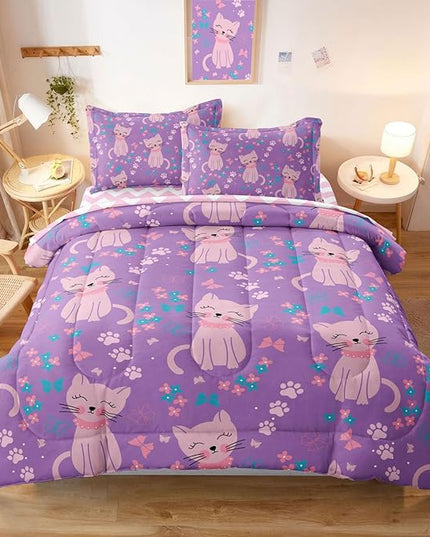 5 Piece Girls Cat Comforter Set Twin Size Bed in A Bag Pink Cute Cartoon Cats Bedding Set for Kids Teens (1 Comforter, 1 Flat Sheet, 1 Fitted Sheet, 2 Pillowcases), Purple Pink - LeafyLoom