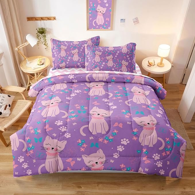 5 Piece Girls Cat Comforter Set Twin Size Bed in A Bag Pink Cute Cartoon Cats Bedding Set for Kids Teens (1 Comforter, 1 Flat Sheet, 1 Fitted Sheet, 2 Pillowcases), Purple Pink - LeafyLoom