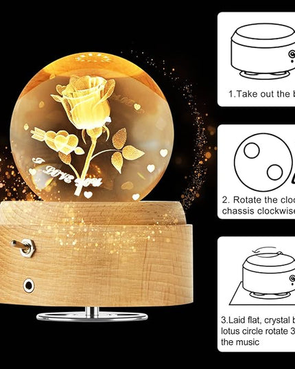3D Crystal Ball Globe Rose Music Box with LED Night Light Lamp, Best Decor Gifts for Father Dad Husband Men Boyfriend Girlfriend Mom Women Wife Daughter Kids, Graduation Birthday Anniversary Wedding - LeafyLoom
