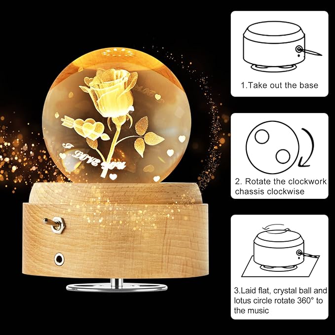 3D Crystal Ball Globe Rose Music Box with LED Night Light Lamp, Best Decor Gifts for Father Dad Husband Men Boyfriend Girlfriend Mom Women Wife Daughter Kids, Graduation Birthday Anniversary Wedding - LeafyLoom