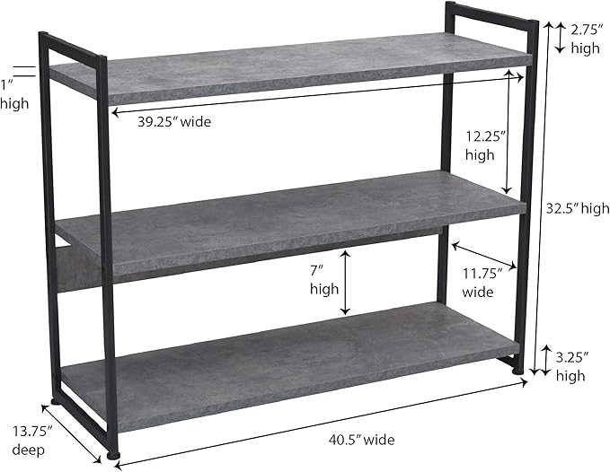 Household Essentials 3 Tier Storage Shelf with Minimalist Metal Frame | 40.5" W x 32.5" H x 13.75" D | Slate Faux Concrete, Grey - LeafyLoom