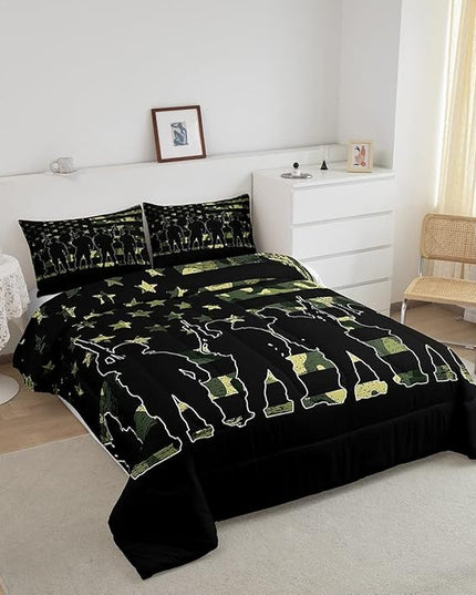 American Flag Comforter Set Full for Boy Teen ArmyGreen Camouflage Down Comforter Adult Men Soldier Silhouettes Quilted Duvet Military Style Camo Bedding Comforters, 1 Comforter Set + 2 Pillowcases - LeafyLoom