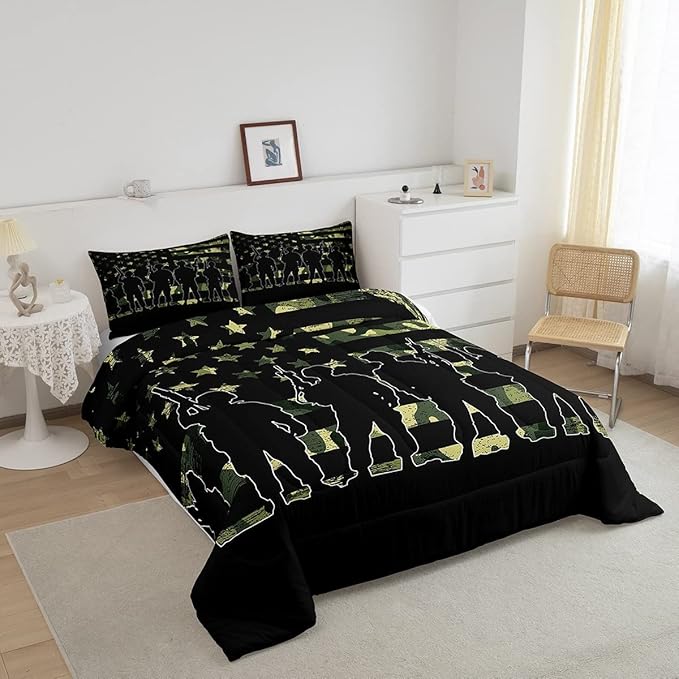 Erosebridal American Flag Camo Comforter Set King Size for Boy Teens Gilrs Kids ArmyGreen Camouflage Bedding Adult Men Soldier Silhouettes Quilted Duvet Military Style Camo Down Comforter - LeafyLoom