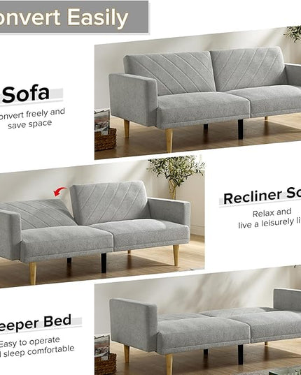 Folding Futon Sofa Tapered Wood Legs,Modern Space Saving Couch,Easily Converts to Single Bed,Easy Assembly,Multi-Functional Loveseat Ideal for Small Home Living Room,Grey, 76" - LeafyLoom