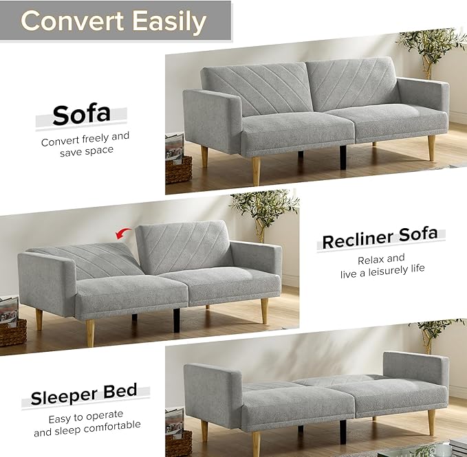 Folding Futon Sofa Tapered Wood Legs,Modern Space Saving Couch,Easily Converts to Single Bed,Easy Assembly,Multi-Functional Loveseat Ideal for Small Home Living Room,Grey, 76" - LeafyLoom