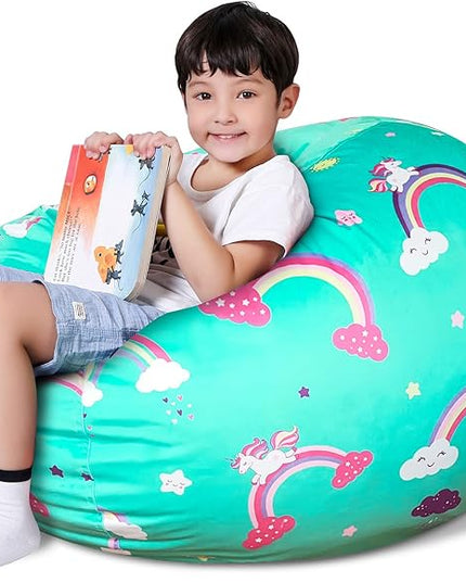 Lukeight Unicorns Stuffed Animal Storage Bean Bag Chair Cover for Kids, Unicorns Zipper Beanbag Chair Cover for Organizing Toddler & Kids' Rooms Plush Toys (Rainbow Green, Large) - LeafyLoom