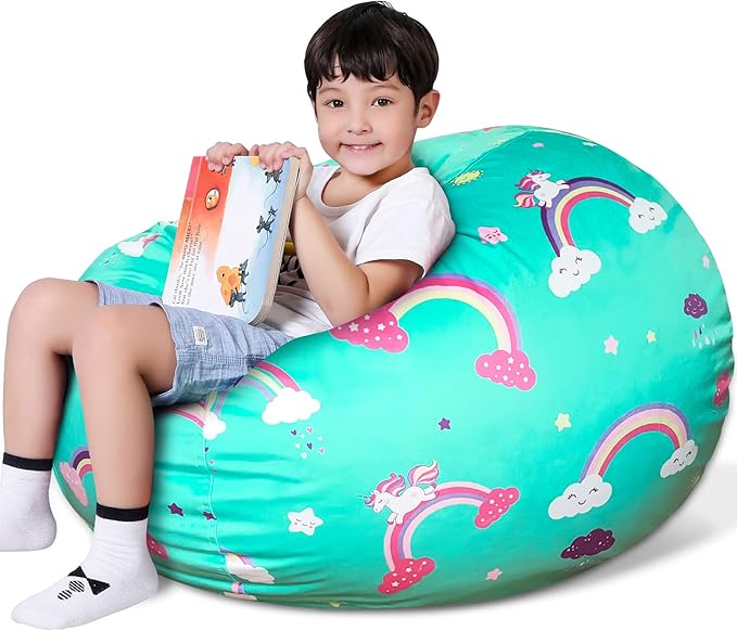 Lukeight Unicorns Stuffed Animal Storage Bean Bag Chair Cover for Kids, Unicorns Zipper Beanbag Chair Cover for Organizing Toddler & Kids' Rooms Plush Toys (Rainbow Green, X-Large) - LeafyLoom