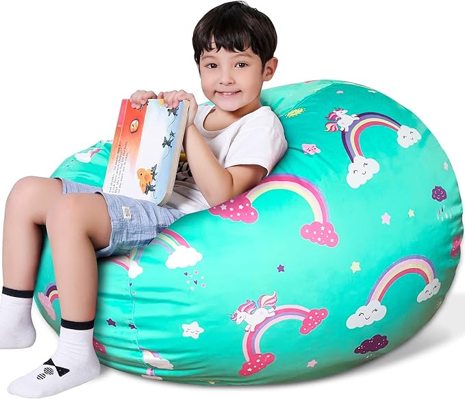 Lukeight Unicorns Stuffed Animal Storage Bean Bag Chair Cover for Kids, Unicorns Zipper Beanbag Chair Cover for Organizing Toddler & Kids' Rooms Plush Toys (Rainbow Green, XX-Large) - LeafyLoom