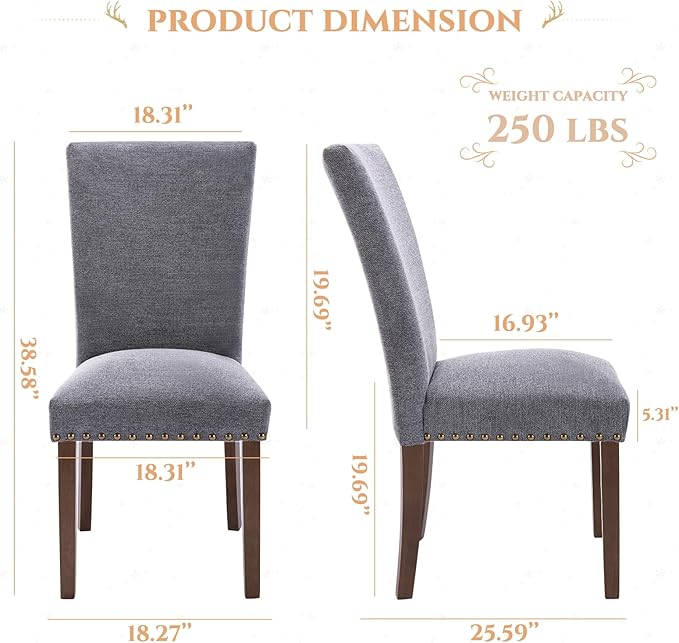 Parsons Dining Chairs Set of 4, Upholstered Nailhead Dining Room Kitchen Side Chair with Thick Cushions and Wood Legs, Dark Grey - LeafyLoom