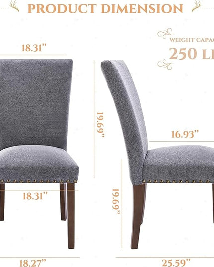 Parsons Dining Chairs Set of 2, Upholstered Nailhead Dining Room Kitchen Side Chair with Thick Cushions and Wood Legs, Dark Grey - LeafyLoom
