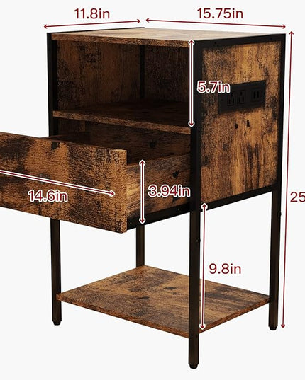 LDTTCUK Nightstand with Charging Station, Modern End Table with Drawer, Bedside Table with Open Storage for Bedroom,Rustic Brown - LeafyLoom