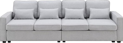 104" Modern Sofa, 4-seat Couch with Armrest Pockets and 4 Pillows for Living Room, Apartment, 104inch, Light Gray - LeafyLoom