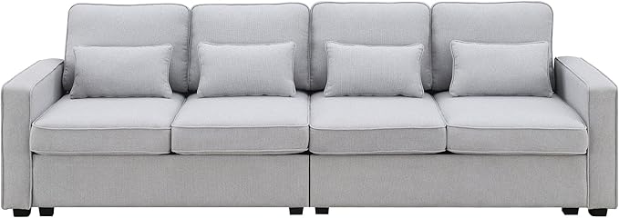 104" Modern Sofa, 4-seat Couch with Armrest Pockets and 4 Pillows for Living Room, Apartment, 104inch, Light Gray - LeafyLoom
