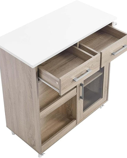 Modway Culinary Rolling Kitchen Cart with Storage in Oak White - 3 Tiers Kitchen Island on Wheels with Towel Bar, Functional as a Coffee Station, Bar Cabinet or Butcher Block Island - LeafyLoom