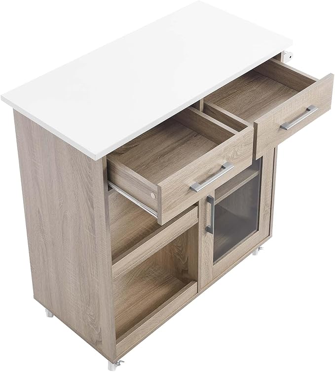 Modway Culinary Rolling Kitchen Cart with Storage in Oak White - 3 Tiers Kitchen Island on Wheels with Towel Bar, Functional as a Coffee Station, Bar Cabinet or Butcher Block Island - LeafyLoom